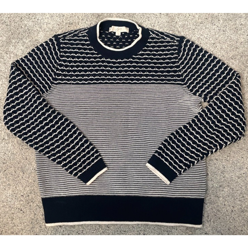 Loft Women's Fisherman Stripe Cotton Crochet Knit Sweater Sz L Preppy Marine